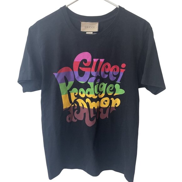 Gucci Black T-Shirt Rainbow Logo "Prodiges DAmor" Design XXS - Picture 1 of 8